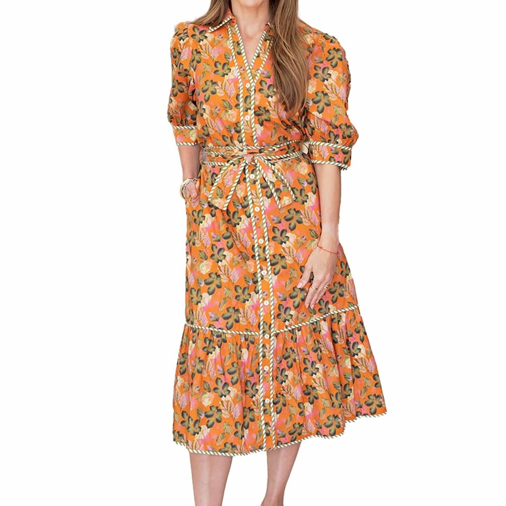 THML Orange Floral Midi Dress with Pink and Green Accents
